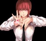  1girl bangs black_background chainsaw_man collared_shirt long_hair looking_at_viewer makima_(chainsaw_man) mamimi_(mamamimi) necktie penetration_gesture red_hair sexually_suggestive shirt simple_background solo upper_body white_shirt 