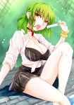  1girl bikini breasts cleavage eyebrows_visible_through_hair food green_background green_hair hair_between_eyes highres holding holding_food itocoh kazami_yuuka large_breasts legs looking_at_viewer melting navel open_clothes open_mouth open_shirt plaid plaid_skirt poolside popsicle red_eyes red_neckwear saliva saliva_trail sexually_suggestive shirt sitting skirt solo swimsuit tagme tied_shirt tongue tongue_out touhou water white_shirt 
