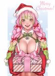  1girl absurdres bangs bell bell_choker bow box braid breasts choker christmas cleavage eyelashes fur_trim gift gift_box gloves gradient_hair green_bow green_eyes green_hair hair_bow hat highres kanroji_mitsuri kimetsu_no_yaiba large_breasts long_hair looking_at_viewer merry_christmas mole mole_under_eye multicolored_hair open_mouth pink_hair pom_pom_(clothes) red_bikini_top red_bow red_gloves red_lips red_skirt sack santa_hat skirt smile snowflake_print solo toumeimei tri_braids 