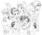  6+girls :d android_18 arms_at_sides bare_shoulders belt black_eyes black_gloves black_hair blush breasts bulma buttons chi-chi_(dragon_ball) china_dress chinese_clothes clenched_hands closed_mouth coat collarbone commentary crop_top curly_hair dragon_ball dragon_ball_(classic) dragon_ball_z dress earrings english_commentary eyebrows_visible_through_hair eyelashes fingerless_gloves fingernails floating_hair from_side frown gloves hair_bun hair_ribbon hand_on_hip hand_up hands_up happy hime_cut hoop_earrings jewelry long_hair long_sleeves looking_at_viewer looking_away looking_back lunch_(dragon_ball) mai_(dragon_ball) medium_breasts midriff monochrome multiple_girls neckerchief open_mouth parted_lips profile ribbon shirt short_hair shorts simple_background smi2e2f31 smile spiked_hair straight_hair upper_body very_short_hair videl waistcoat waving white_background wide-eyed 