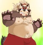  2020 anthro belly bottomwear brown_body brown_fur bulge canid canine clothing fur goemon_(tas) hi_res humanoid_hands kemono male mammal moobs navel nipples one_eye_closed overweight overweight_male pubes raccoon_dog shorts solo tanuki tokyo_afterschool_summoners video_games wink yukinari_ism 