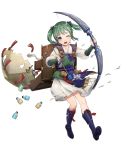  1girl arrow bangs boots bow_(weapon) broken_arrow dress fire_emblem fire_emblem_fates fire_emblem_heroes full_body green_hair highres holding holding_bow_(weapon) holding_weapon japanese_clothes long_hair long_sleeves midori_(fire_emblem) official_art one_eye_closed open_mouth purple_eyes shiny shiny_hair solo tied_hair torn_clothes transparent_background twintails weapon 