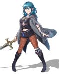  1girl absurdres armor black_shorts blue_eyes blue_hair byleth_(fire_emblem) byleth_(fire_emblem)_(female) closed_mouth dagger fire_emblem fire_emblem:_three_houses full_moon grimmelsdathird highres holding holding_sword holding_weapon moon navel_cutout pantyhose sheath sheathed short_shorts shorts simple_background solo sword weapon white_background 