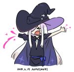  1girl ao_fujimori arms_up black_headwear blue_bow bow cape closed_eyes crying dated hair_over_one_eye hat long_hair open_mouth original puffy_sleeves signature simple_background solo tears white_background white_hair witch witch_hat 