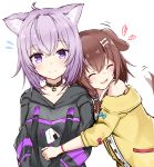  2girls absurdres ahoge animal_ears bangs black_outline blush bone_hair_ornament braid brown_hair cat_ears choker collarbone commentary_request dog_ears dog_tail fangs flying_sweatdrops heart highres hololive hug inugami_korone multiple_girls nekomata_okayu outline purple_eyes purple_hair recia simple_background sketch smile tail tail_wagging white_background 