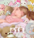  1girl armpit_crease bare_shoulders bed blanket blush brown_hair child closed_eyes flat_chest long_hair lying on_back original shirt sleeping solo stuffed_animal stuffed_toy t-shirt tears-of-blade 