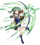  1girl arrow bangs boots bow_(weapon) dress fire_emblem fire_emblem_fates fire_emblem_heroes full_body green_hair highres holding holding_bow_(weapon) holding_weapon japanese_clothes long_hair long_sleeves looking_away midori_(fire_emblem) official_art purple_eyes shiny shiny_hair smile solo tied_hair tongue tongue_out transparent_background twintails weapon 