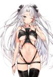  1girl absurdres antenna_hair azur_lane bangs bare_shoulders black_legwear black_swimsuit blush bracelet breasts brown_eyes closed_mouth collarbone commentary_request eyebrows_visible_through_hair fingers_to_chin groin hair_intakes hair_ornament hand_up highres iron_cross jewelry large_breasts long_hair looking_at_viewer mole mole_on_breast multicolored_hair navel one_eye_closed open_mouth parted_bangs prinz_eugen_(azur_lane) red_eyes revealing_clothes silver_(chenwen) silver_hair simple_background solo streaked_hair swimsuit thighhighs thighs two_side_up white_background white_nails 