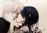  1boy 1girl black_hair black_nails blood blood_on_face bloody_tears crying dripping fingernails kaneki_ken kirishima_touka licking medium_hair red_eyes syokuuuuuuuuumura tears tokyo_ghoul tongue tongue_out upper_body white_hair 