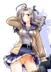  1girl 547th_sy artist_name ass_visible_through_thighs beige_cardigan cardigan contrapposto dated green_eyes grey_hair kantai_collection kinugasa_(kantai_collection) looking_at_viewer machinery necktie one_side_up open_cardigan open_clothes orange_panties panties pleated_skirt purple_sailor_collar purple_skirt remodel_(kantai_collection) sailor_collar school_uniform serafuku side-tie_panties skirt solo standing thighhighs underwear white_background yellow_neckwear 