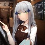  1girl absurdres alternate_costume apron barista bow bowtie credit_card expressionless facial_mark girls_frontline giving green_eyes hair_ornament highres hk416_(girls_frontline) long_hair long_sleeves looking_at_viewer menu_board pn_pixi silver_hair solo teardrop touchscreen very_long_hair 