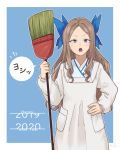  1girl alternate_costume asakaze_(kantai_collection) blue_bow blue_eyes bow broom fujinoki_(horonabe-ken) hair_bow hand_on_hip happy_new_year holding holding_broom japanese_clothes kantai_collection kappougi light_brown_hair long_hair long_sleeves new_year open_mouth pocket sidelocks signature simple_background solo wavy_hair 