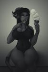  big_breasts blizzard_entertainment breasts clothing dessert draenei female food hi_res horn horned_humanoid huge_breasts humanoid ice_cream impracticalart monochrome not_furry one-piece_swimsuit open_mouth solo swimwear thick_thighs tongue tongue_out video_games warcraft 
