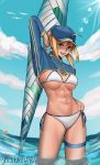  1girl abs absurdres ahoge artoria_pendragon_(all) baseball_cap bikini blonde_hair blue_eyes blue_headwear blue_sky breasts cloud day english_commentary fate/grand_order fate_(series) hat highres holding holding_weapon large_breasts looking_at_viewer lunashiba medium_hair mysterious_heroine_xx_(foreigner) navel partially_submerged polearm ponytail side-tie_bikini sky smile solo spear swimsuit thigh_strap twinmyniad water weapon white_bikini 