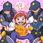  !! 1girl 2boys absurdres apron bandana bangs bitcoin brown_hair cooking_mama english_commentary faceless faceless_male hat highres long_sleeves mama_(cooking_mama) money multiple_boys open_mouth pants pink_background pocket police police_uniform policeman shirt signature simple_background sparkle star uniform white_shirt xsplosive yellow_apron 