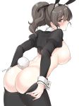  1girl alternate_costume animal_ears ass bangs black_ribbon breasts breasts_outside brown_eyes brown_hair bunny_ears bunny_girl bunny_tail commentary_request embarrassed eyebrows_visible_through_hair fake_animal_ears fake_tail from_behind girls_und_panzer hair_ribbon highres komekueyo koyama_yuzu large_breasts leaning_forward meme_attire puffy_nipples revealing_clothes reverse_bunnysuit reverse_outfit ribbon short_hair short_ponytail shrug_(clothing) tail wrist_cuffs 