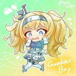  1girl asimo953 belt blonde_hair blue_eyes breast_pocket character_name chibi flying_sweatdrops full_body gambier_bay_(kantai_collection) gloves gradient gradient_background hairband highres kantai_collection knees_together_feet_apart long_hair pocket shorts solo twintails twitter_username white_gloves 