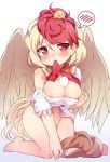  1girl animal animal_on_head areolae baku-p bare_shoulders between_breasts bird bird_tail bird_wings blonde_hair blush bottomless breasts chick egg full_body kneeling large_breasts looking_at_viewer medium_hair mouth_hold multicolored_hair navel niwatari_kutaka on_head red_eyes red_hair shirt skirt skirt_around_one_leg solo spoken_blush tail tears touhou two-tone_hair white_background white_shirt wings 