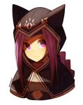  1girl animal_ears animal_hood bangs black_capelet blush braid capelet closed_mouth commentary_request cropped_torso fake_animal_ears fate/grand_order fate_(series) harukagi hood hood_up hooded_capelet long_hair looking_at_viewer medusa_(lancer)_(fate) parted_bangs purple_eyes purple_hair sidelocks simple_background solo twitter_username white_background 