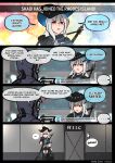  1girl 1other ambiguous_gender arknights bottlecomics doctor_(arknights) english_commentary english_text gameplay_mechanics headgear highres interview red_eyes rejection skadi_(arknights) slamming_door white_hair 