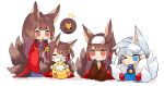  4girls :3 :d ^_^ akagi-chan_(azur_lane) akagi_(azur_lane) amagi_(azur_lane) animal_ears azur_lane bell blue_eyes brown_hair closed_eyes commentary_request flying_sweatdrops fox_ears fox_girl fox_tail hair_bell hair_ornament hakama_skirt japanese_clothes kaga_(azur_lane) long_hair manjuu_(azur_lane) mask mouth_mask multiple_girls open_mouth putimaxi red_eyes short_hair short_twintails silver_hair smile surgical_mask tail twintails 