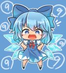  (9) 1girl asimo953 blue_background blue_dress blue_eyes blue_hair bow chibi cirno commentary_request dress hair_bow hands_on_hips highres ice ice_wings open_mouth outline smile solo touhou wings 
