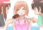  3girls :d ^_^ aikawa_chiho bangs black_shirt blue_background blush breasts brown_hair closed_eyes collarbone commentary_request eyebrows_visible_through_hair flying_sweatdrops food gradient gradient_background green_shirt hair_between_eyes hands_up hasegawa_fumi holding holding_food ice_cream light_brown_hair long_hair medium_breasts multiple_girls okano_kei open_mouth pink_shirt profile shirt short_sleeves signature smile swept_bangs umiroku upper_body white_background yuyushiki 
