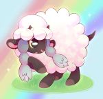  black_eyes english_commentary flufflixx full_body gen_8_pokemon grass highres leg_up no_humans open_mouth pokemon pokemon_(creature) rainbow rainbow_background sheep solo sparkle standing wooloo yellow_sclera 