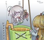  2girls asimo953 blonde_hair bottle braid bucket drooling eyes_visible_through_hair french_braid gradient grey_hair hanging hat highres kantai_collection mini_hat multiple_girls pipe pola_(kantai_collection) rope translation_request twitter_username wavy_hair wine_bottle zara_(kantai_collection) 