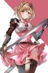  1girl bangs belt blonde_hair blush boots breasts brown_eyes brown_footwear closed_mouth djeeta_(granblue_fantasy) dress fighter_(granblue_fantasy) gauntlets granblue_fantasy hairband highres hinahino looking_at_viewer medium_breasts pink_background pink_dress pink_hairband puffy_sleeves sheath short_hair smile solo swept_bangs sword thigh_boots thighhighs thighs two-tone_background weapon white_background 