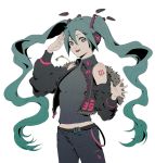  1girl 39 alternate_costume arm_up bangs belt belt_buckle black_belt blue_eyes blue_hair bomber_jacket breasts buckle ching_yeh collar collared_jacket commentary detached_sleeves grey_jacket grey_pants grey_shirt grey_sleeves hair_between_eyes hair_ornament hatsune_miku highres jacket long_hair long_sleeves looking_at_viewer neckwear open_mouth pants shirt shoulder_tattoo simple_background smile solo standing tattoo teeth turtleneck twintails upper_body very_long_hair vocaloid white_background 