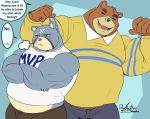  2020 animal_crossing anthro belly blush bottomwear brown_body brown_fur clothing curt_(animal_crossing) deadanthro duo english_text eyes_closed fur humanoid_hands male mammal nintendo overweight overweight_male pants shirt teddy_(animal_crossing) text topwear ursid video_games 