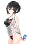  1girl bangs black_hair black_swimsuit blush brand_name_imitation breasts brown_eyes can closed_mouth collarbone commentary_request eyebrows_visible_through_hair hair_between_eyes highres holding holding_can jacket long_sleeves looking_at_viewer medium_breasts one-piece_swimsuit original peko pocari_sweat see-through short_hair simple_background smile solo swimsuit swimsuit_under_clothes wet_jacket white_background white_jacket 