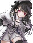  1girl :0 azur_lane bangs black_gloves black_hair black_legwear black_ribbon blush bow breast_pocket breasts cleavage coat coat_dress commentary_request cowboy_shot detached_collar ena_tokisaka_(inadumakawaii) eyebrows_visible_through_hair fur-trimmed_coat fur_trim gloves hair_bow hair_ribbon hand_on_hip hat highres large_breasts leaning_forward long_hair long_sleeves looking_at_viewer off-shoulder_coat one_side_up open_mouth padded_coat pamiat_merkuria_(azur_lane) pocket purple_eyes ribbon russian_clothes sidelocks simple_background smile solo standing thighhighs underbust white_background white_coat white_headwear zettai_ryouiki 