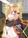  animal_ear_fluff animal_ears arknights bangs black_cloak blonde_hair blurry blush cloak closed_eyes commentary_request crop_top crop_top_overhang depth_of_field eyebrows_visible_through_hair facing_viewer fang fox_ears hair_between_eyes hair_ornament hairclip highres hood hooded_cloak jewelry necklace out_of_frame outline petting sb_(akagikeai) short_hair skin_fang solo_focus upper_body vermeil_(arknights) white_crop_top yellow_outline |d 