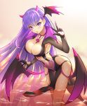  1girl absurdres alternate_costume bangs bb_(fate)_(all) bb_(fate/extra_ccc) black_gloves blush breasts cleavage commentary demon_girl eyebrows_visible_through_hair fate/grand_order fate_(series) gloves hair_ribbon heart highres horns laon large_breasts long_fingers long_hair looking_at_viewer purple_eyes purple_hair revealing_clothes ribbon solo tagme very_long_hair w wings 