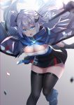  1girl aircraft azur_lane bangs black_dress black_gloves black_legwear blue_cape blue_eyes blurry_foreground breasts cape cleavage commentary cowboy_shot dress eyebrows_visible_through_hair f_(milfaaaaa) floating_hair gloves glowing grey_background grey_hair hair_between_eyes hair_ornament highres intrepid_(azur_lane) large_breasts leaning_forward long_hair looking_at_viewer mole open_mouth rudder_footwear sidelocks sleeveless sleeveless_dress solo standing standing_on_one_leg thighhighs twintails upper_teeth very_long_hair zettai_ryouiki 
