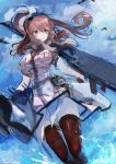  absurdres aircraft airplane breast_pocket breasts brown_hair dress drum_magazine flight_deck highres kantai_collection large_breasts nagasawa_tougo pocket red_legwear remodel_(kantai_collection) saratoga_(kantai_collection) side_ponytail smokestack_hair_ornament thighhighs turret water white_dress 