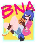  2020 5_fingers anime anthro ball basketball_(ball) black_body black_fur black_hair blue_body blue_eyes blue_fur blue_hair bottomwear brand_new_animal brown_body brown_fur canid canine clothed clothing female fingers fluffy fluffy_tail footwear fur hair hi_res holding_object inner_ear_fluff jacket looking_at_viewer mammal michiru_kagemori multicolored_body multicolored_fur multicolored_hair open_jacket raccoon_dog shoes short_hair smile solo studio_trigger tanuki topwear trag_game tuft 