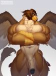  abs anthro avian chest_tuft crossed_arms genitals grey_background gryphon haduko1 hi_res humanoid_genitalia humanoid_penis looking_at_viewer male muscular muscular_male mythological_avian mythology navel penis simple_background solo spread_wings thick_thighs tuft wings 