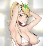  1girl absurdres adapted_costume alternate_hairstyle armpits arms_up bangs bare_shoulders bikini blonde_hair blurry blurry_background blush breasts cleavage collarbone depth_of_field eyebrows_visible_through_hair gatchan highres hikari_(xenoblade_2) large_breasts long_hair looking_at_viewer parted_lips ponytail single_sidelock smile solo strap_gap striped swept_bangs swimsuit upper_body vertical-striped_bikini vertical_stripes white_bikini xenoblade_(series) xenoblade_2 yellow_eyes 