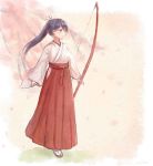  1girl black_hair bow_(weapon) brown_eyes commentary_request full_body hakama highres houshou_(kantai_collection) japanese_clothes kantai_collection kimono long_hair miko ponytail profile red_hakama sandals solo standing weapon white_kimono wss_(nicoseiga19993411) 