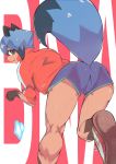  2020 absurd_res anime anthro blue_body blue_eyes blue_fur blue_hair bottomwear brand_new_animal brown_body brown_fur canid canine clothed clothing female fingers fluffy fluffy_tail footwear fur hair hi_res iwnt2d1e jacket looking_at_viewer looking_back mammal michiru_kagemori open_mouth raccoon_dog shoes short_hair shorts smile solo studio_trigger tanuki topwear 