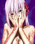  1059 1girl bangs bare_shoulders breasts cleavage collarbone commentary_request dark_sakura fate/stay_night fate_(series) hair_ribbon hands_on_own_face heaven&#039;s_feel highres large_breasts long_hair looking_at_viewer matou_sakura red_eyes ribbon solo white_hair 