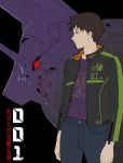  1boy absurdres alternate_costume bangs black_background blue_eyes blue_pants brown_hair ching_yeh closed_mouth collar collared_jacket denim eva_01 grey_jacket highres ikari_shinji jacket jeans lilith_(evangelion) long_sleeves looking_to_the_side male_focus mecha neon_genesis_evangelion nerv number pants print_shirt purple_shirt shirt simple_background solo standing translation_request upper_body 