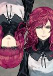  2girls black_capelet capelet cross-laced_clothes devola dress green_eyes hankuri long_hair long_sleeves looking_at_viewer messy_hair multiple_girls nier nier_(series) parted_lips popola red_hair siblings simple_background sisters symmetry twins upside-down wide_sleeves 