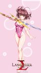  1girl barefoot brown_hair copyright_name flare_(langrisser) highres holding holding_sword holding_weapon langrisser leotard logo looking_at_viewer official_art pink_background pink_leotard red_eyes serious solo sword urushihara_satoshi weapon 