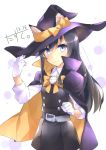 1girl absurdres artist_name asashio_(kantai_collection) black_hair blue_eyes blush cape dated eyebrows_visible_through_hair gloves hair_between_eyes halloween halloween_costume hat highres kantai_collection long_hair multicolored multicolored_cape multicolored_clothes narumiya_(empty_cafe) remodel_(kantai_collection) signature solo white_gloves witch_hat 