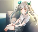  1girl alternate_hairstyle bangs black_legwear blush brown_eyes collared_shirt comah commentary_request couch dress_shirt eyebrows_visible_through_hair feet_out_of_frame green_ribbon grey_hair grey_skirt hair_ribbon kantai_collection kasumi_(kantai_collection) kneehighs light_frown long_hair on_couch pleated_skirt ribbon shirt sidelocks sitting skirt solo suspender_skirt suspenders twintails very_long_hair white_shirt 