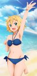  1girl absurdres arm_up armpits bare_arms bare_shoulders barefoot bikini blonde_hair blue_bikini blue_eyes blue_sky blush cloud commentary derivative_work highres huge_filesize looking_at_viewer ocean open_mouth philia_(sao) shugo19 sky swimsuit sword_art_online 